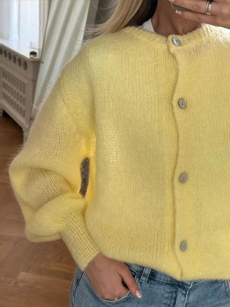 LIZAKOSHT  -  Round Neck Sweater Cardigan Minimalism Cute Soft Waxy Knitted Short Coat Jacket Women Casual Loose Slimming Single Breasted Top