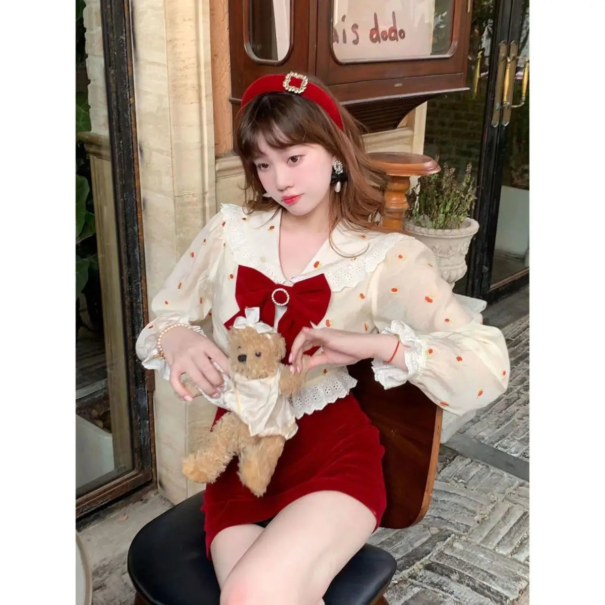 LIZAKOSHT  -  Autumn Korea Women 2PCS Skirt Suit Sweet Bow Polka Dot Long Sleeve Blouse+ High Waist A Line Mini Red Skirt Party Club Outfits