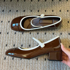 LIZAKOSHT -  Japanned Leather Mary Janes Woman Color Block High Heels Shoes Ladies Belt Buckle Tacones Wedges Chunky Heeled Escarpins Mujer