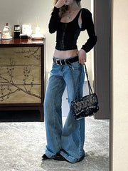 LIZAKOSHT  -  Blue Womens Jeans High Waist Vintage Straight Summer Plus Size Y2K Denim Pants Streetwear American Baggy Wide Leg Denim Trouser