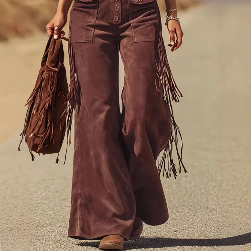 LIZAKOSHT  -  Best-selling Cross-border European and American Women's Retro Western Suede Fringed Wide-leg Overalls Workwear Pants Long Pants