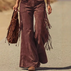 LIZAKOSHT  -  Best-selling Cross-border European and American Women's Retro Western Suede Fringed Wide-leg Overalls Workwear Pants Long Pants