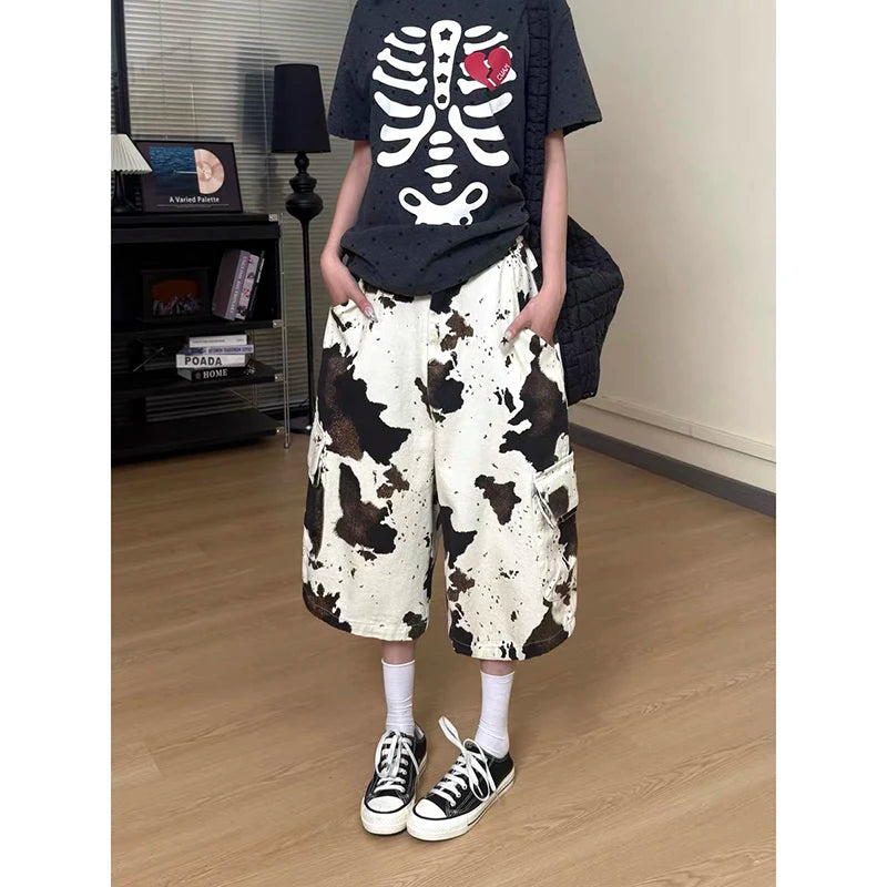 LIZAKOSHT  -  Summer Women American Retro Punk Apricot Cargo Denim Shorts Y2K 2000s Japanese Harajuku Jorts Jeans Calf-Length Pants