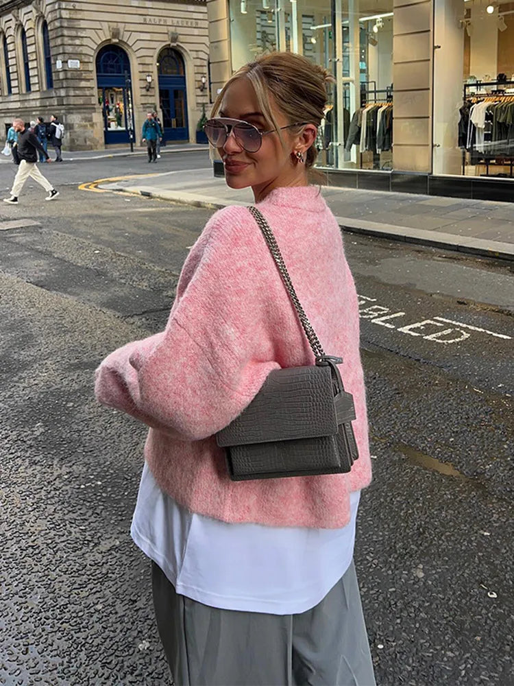 LIZAKOSHT  -  Casual Oversize Pink Women's Cashmere Base Sweater Fashion Long Sleeve Solid Round Collar Pullover New Lady High Streetwear