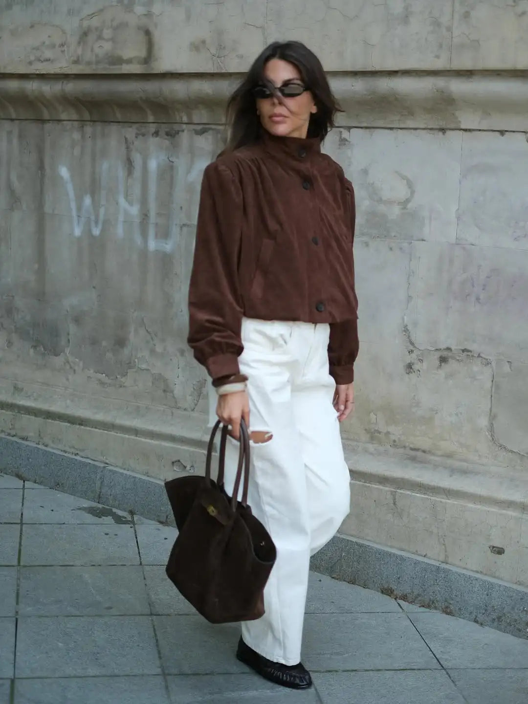 LIZAKOSHT  -  Retro Brown Suede Short Jacket Elegant Women Stand Collar Full Sleeves Single Breasteds Loose Coats Autumn Chic Lady Street Wear