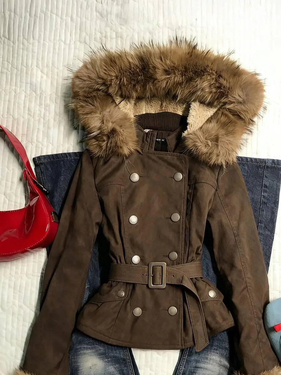 LIZAKOSHT  -  Vintage Hoodie Woman Sweatshirt Goth Punk Y2k With Fur Hooded Collar 2000s Slim Jacket Winter Warm Harajuku High Street Coat Emo
