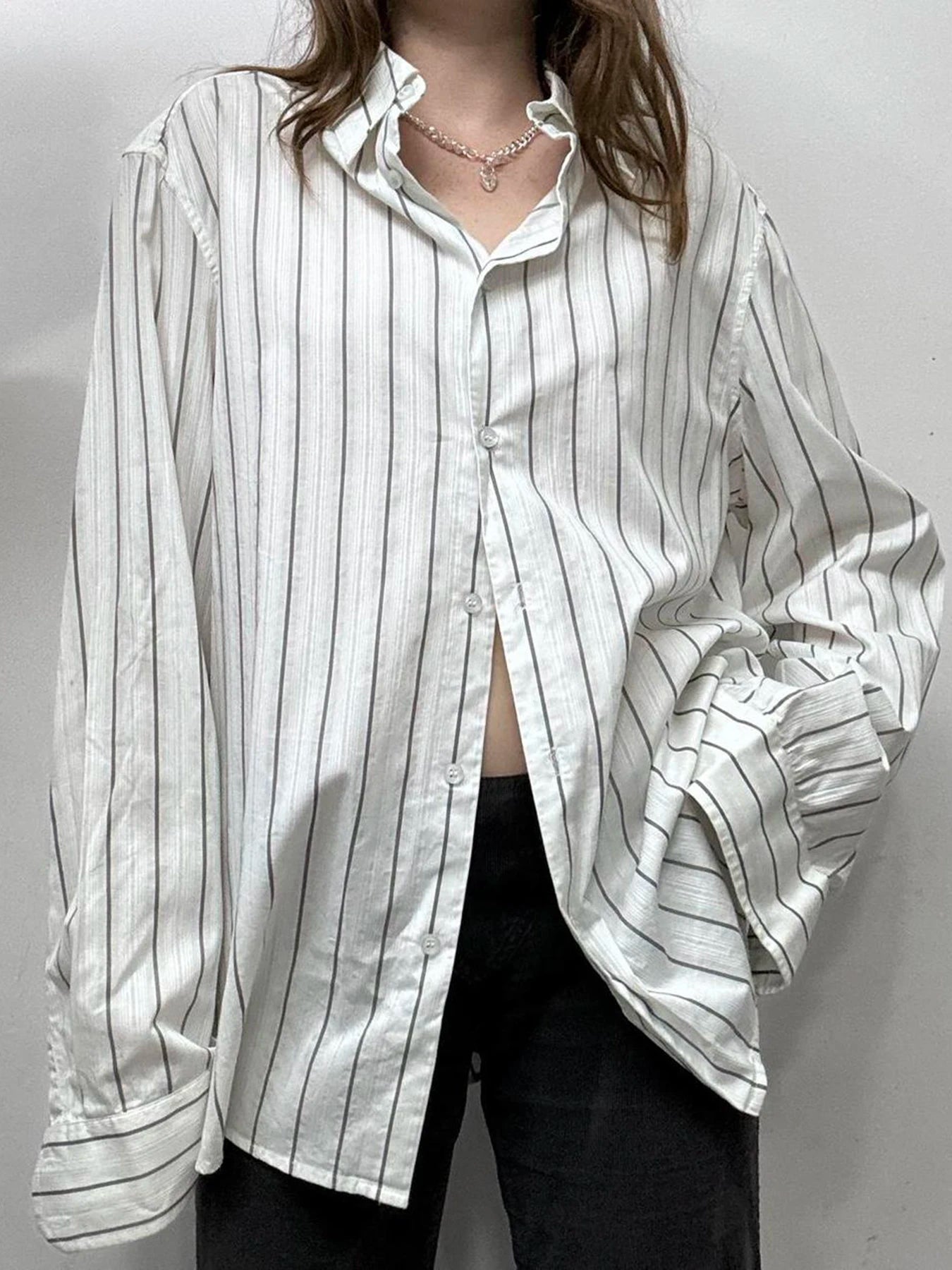 LIZAKOSHT  -  Striped Print Loose Shirt for Women Casual Single-breasted Oversized Blouses Streetwear Fashion Turn-down Neck Top