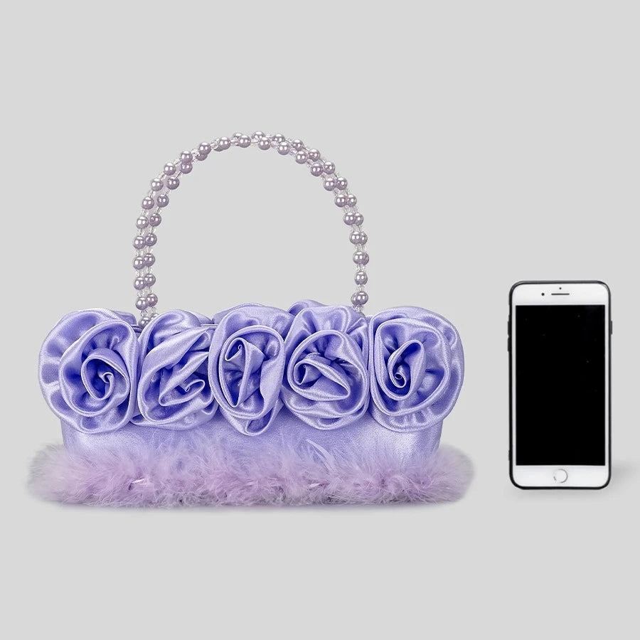 LIZAKOSHT  -  Trendy Designer Stain Flower Evening Handbags and Purses New Feather Fur Wedding Clutch Pearl Handle Totes High Quality