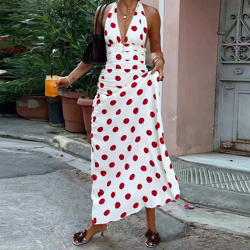 LIZAKOSHT  -  Elegant Polka Dot Backless Pleated Dress Temperament High Waist Sleeveless Dress Sexy Hanging Neck Off Shoulder Club Party Dress