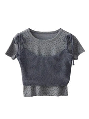 LIZAKOSHT  -  Women's Korean Sweet Style Small Floral O-neck Short -sleeved T-shirts+ Summer Bow Lace-up Suspenders Stacked Tops Two-piece Set