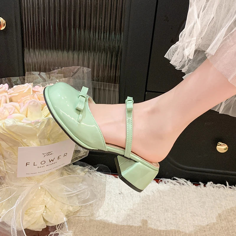 LIZAKOSHT  -  Summer Butterfly-knot Cover Toe Women Slippers Elegant Thick Heel Dress Slides Ladies Concise Slingback Dress Sandals Mule Shoes