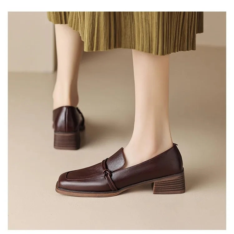 LIZAKOSHT  -  Women's Shoes French Style Square Head Mid Heel Classic Loafers Women Square Toe Pumps Slip-on Retro Lady Casual Cozy Shoes