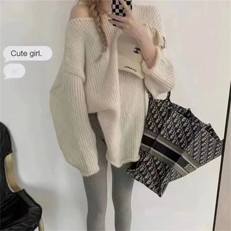 LIZAKOSHT  -  Fall Winter New French Lazy Style Rolled Edge Thick Needle Pullover Sweater Design Loose Knit Sweater Tops Female Jumpers