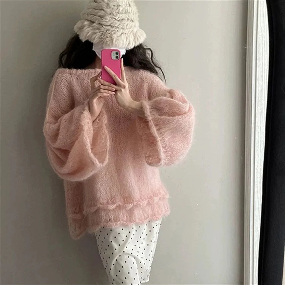  LIZAKOSHT  -  Elegant French Style Pullover Sweaters Women Pink Vintage Knitted Pullover Female Autumn Winter Casual Sweet Sweater Tops