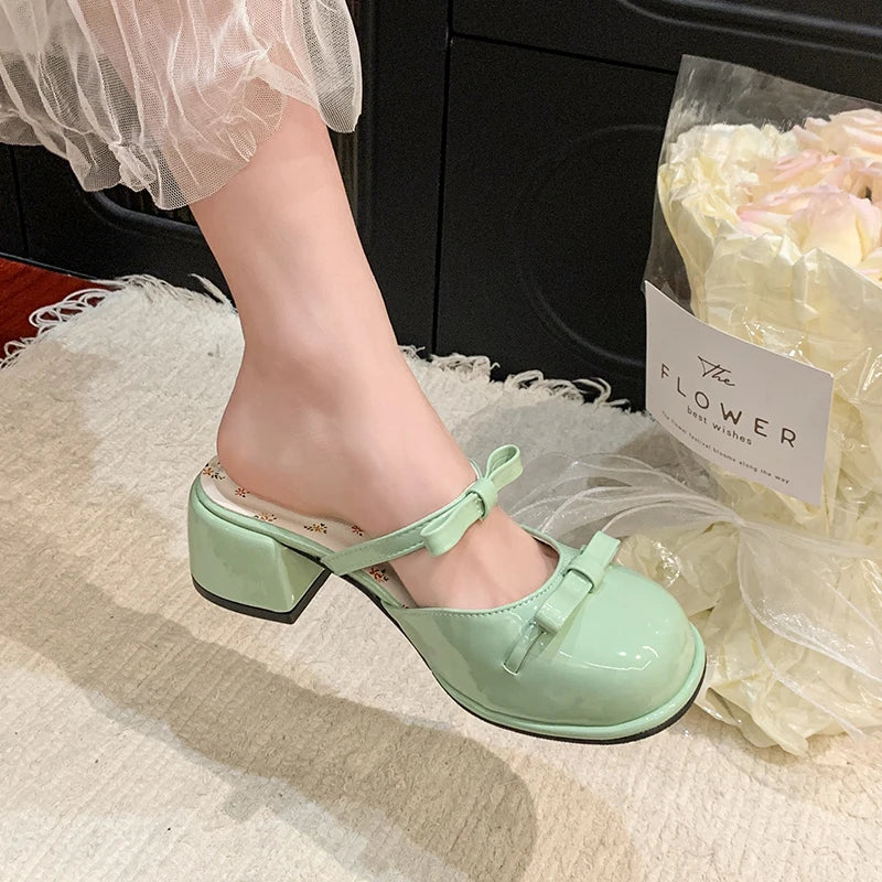 LIZAKOSHT  -  Summer Butterfly-knot Cover Toe Women Slippers Elegant Thick Heel Dress Slides Ladies Concise Slingback Dress Sandals Mule Shoes