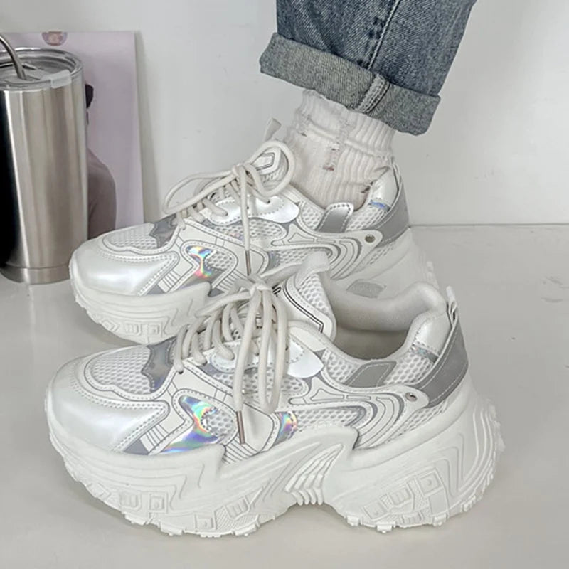 LIZAKOSHT  -  Fashion Silver Chunky Sneakers Women Autumn Lace Up Platform Sports Shoes Woman Thick Bottom Non Slip Walking Shoes Ladies