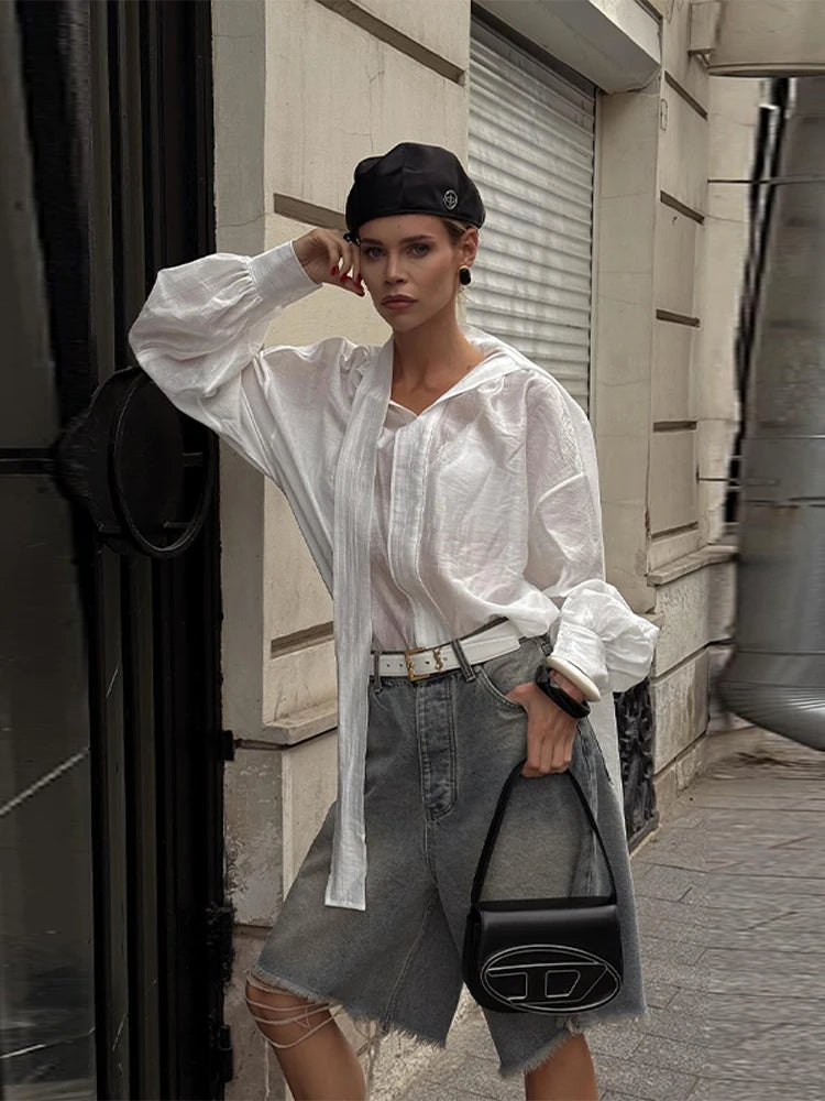 LIZAKOSHT  -  Commute Ribbon White Shirts Women Loose Puffy Long Sleeves See Through Blouse Female Spring Summer New Chic Streetwears