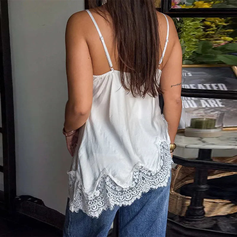 LIZAKOSHT  -  Sexy Satin Sling Tops Women V Neck Hollow Out Patchwork Lace Irregular Tank Top Female New Chic Solid Fashion Streetwears