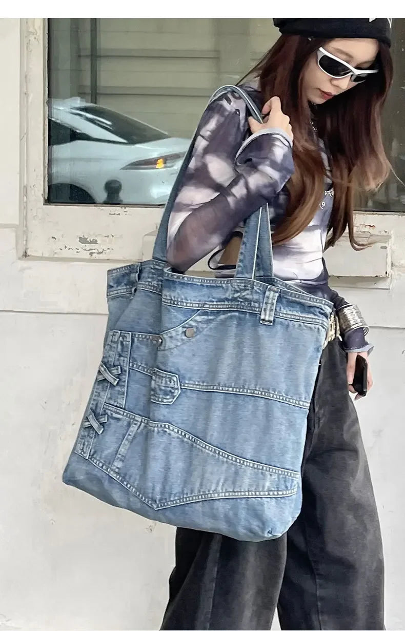 LIZAKOSHT  -  Fashion Washed Denim Women Handbag Large Capacity Casual Commute Big Tote Cowboy Female Shoulder Bags Blue Bolsos