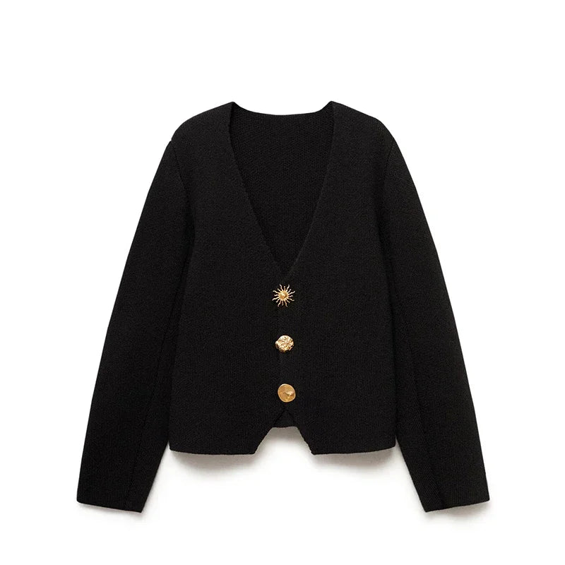 LIZAKOSHT  -  V-Neck Knitted Sweater Cardigan Irregular Button Minimalism Waist Cinching Slimming Soft Waxy Knitwear Vintage Knit Shirt Top