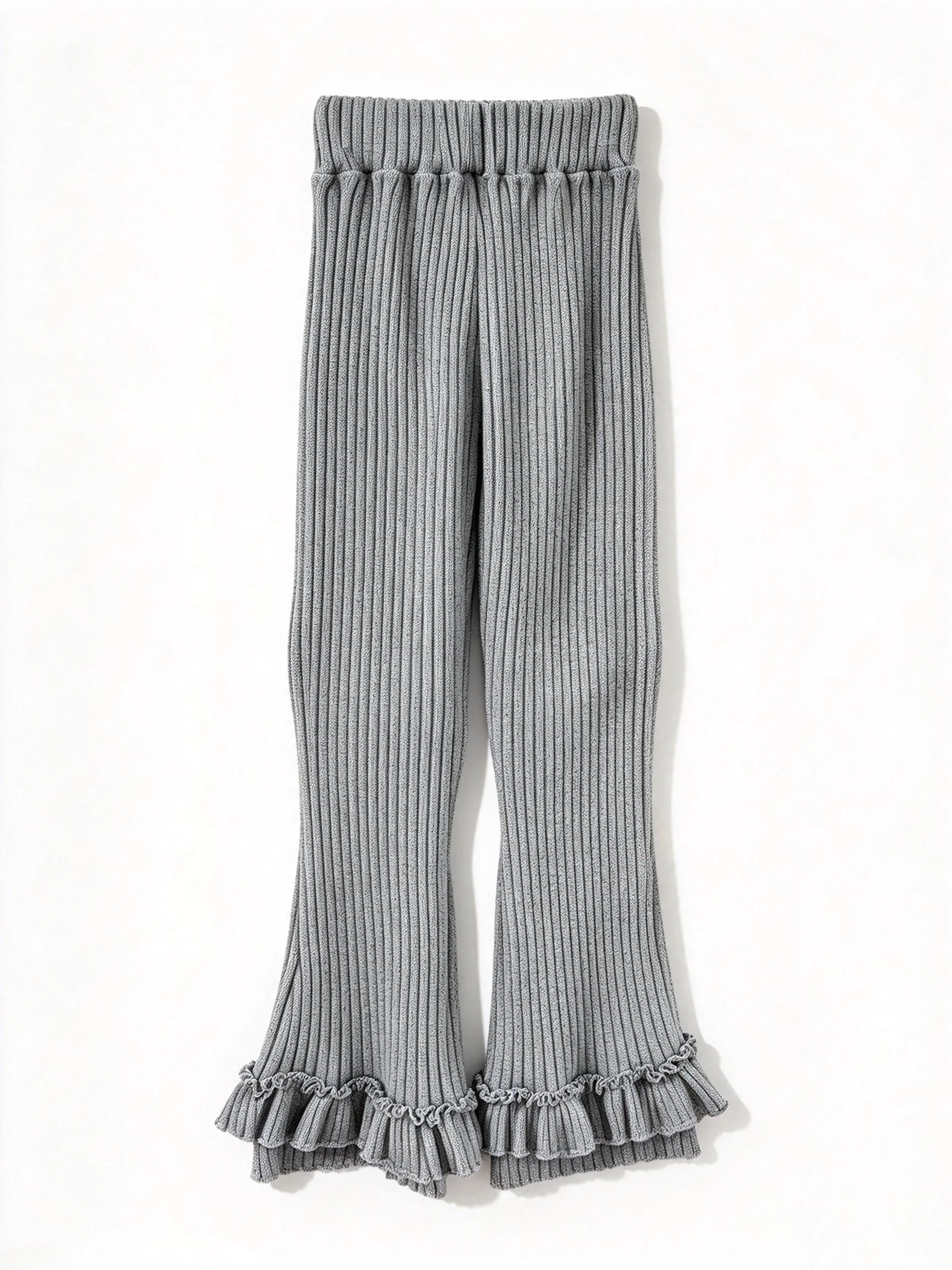 LIZAKOSHT  -  Y2K Women Gray Ribbed Knit Flare Pants High Waist Elastic Ruffle Hem Slim Fit Casual Trousers Daily Streetwear emo bell-bottoms
