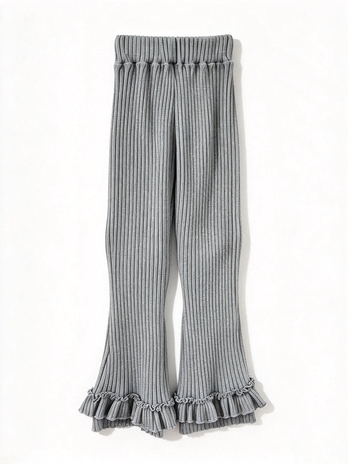 LIZAKOSHT  -  Y2K Women Gray Ribbed Knit Flare Pants High Waist Elastic Ruffle Hem Slim Fit Casual Trousers Daily Streetwear emo bell-bottoms