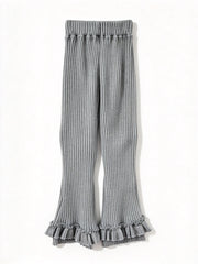 LIZAKOSHT  -  Y2K Women Gray Ribbed Knit Flare Pants High Waist Elastic Ruffle Hem Slim Fit Casual Trousers Daily Streetwear emo bell-bottoms