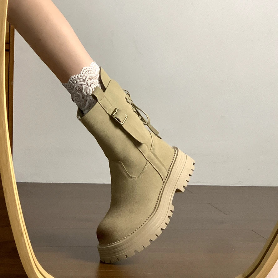 LIZAKOSHT  -  Rock Shoes Woman White Mid-Calf Boots  Boots-Women Low Lolita Ladies Autumn Retro Boots Women New 2024  Female Shoes Mid-Ca