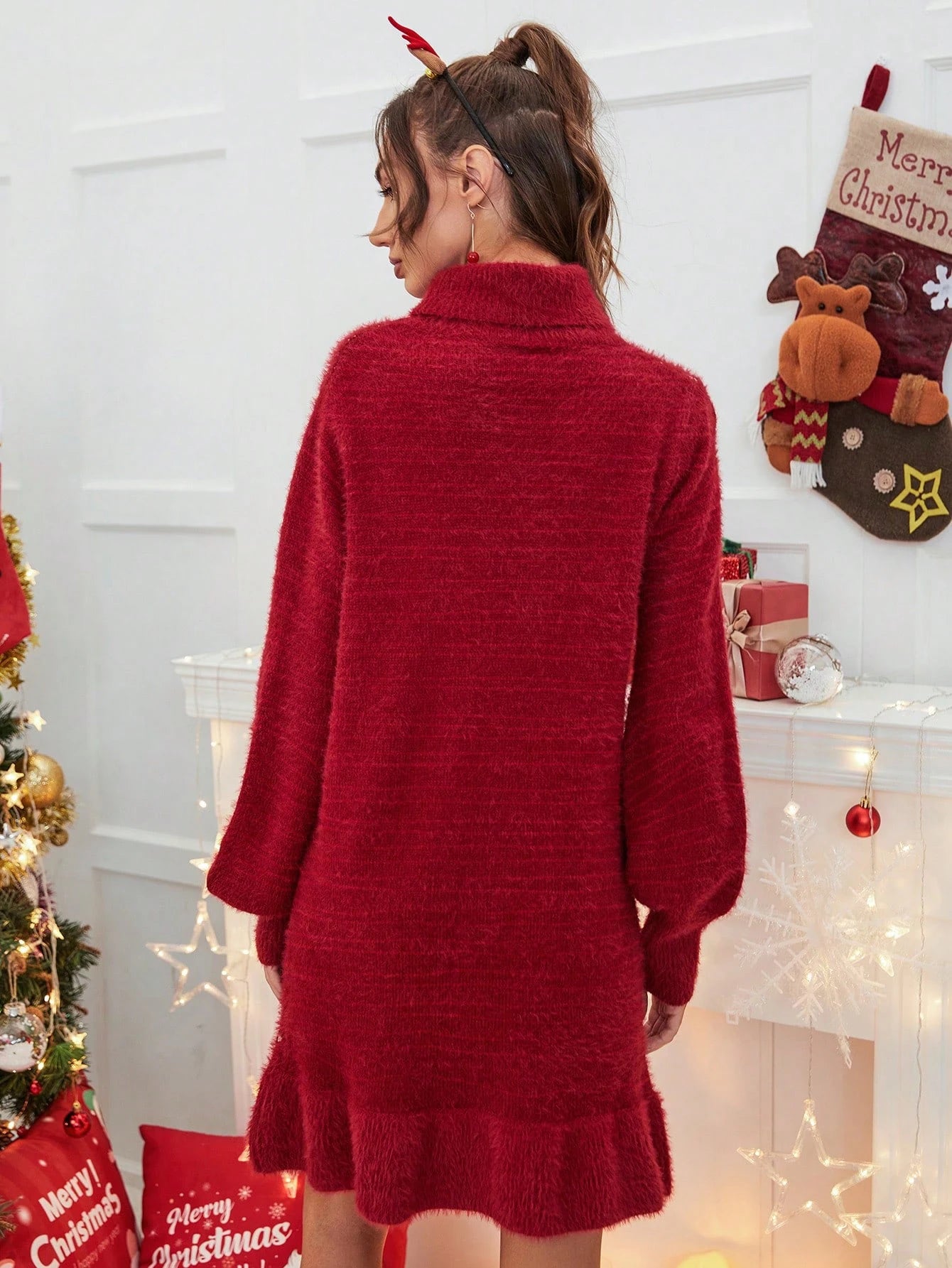 LIZAKOSHT  -  Autumn and winter Christmas theme white snowflake design in the long temperament casual loose knit woolen dress