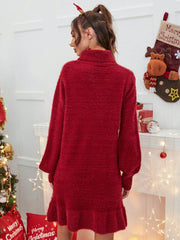LIZAKOSHT  -  Autumn and winter Christmas theme white snowflake design in the long temperament casual loose knit woolen dress