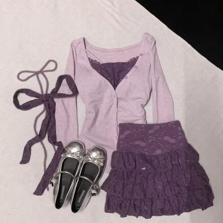 LIZAKOSHT  -  Lolita Sweet Skirt Set Women Purple Patchwork Long Sleeve Cardigan Layered High Waisted Pretty Style Mini Lace Skirt