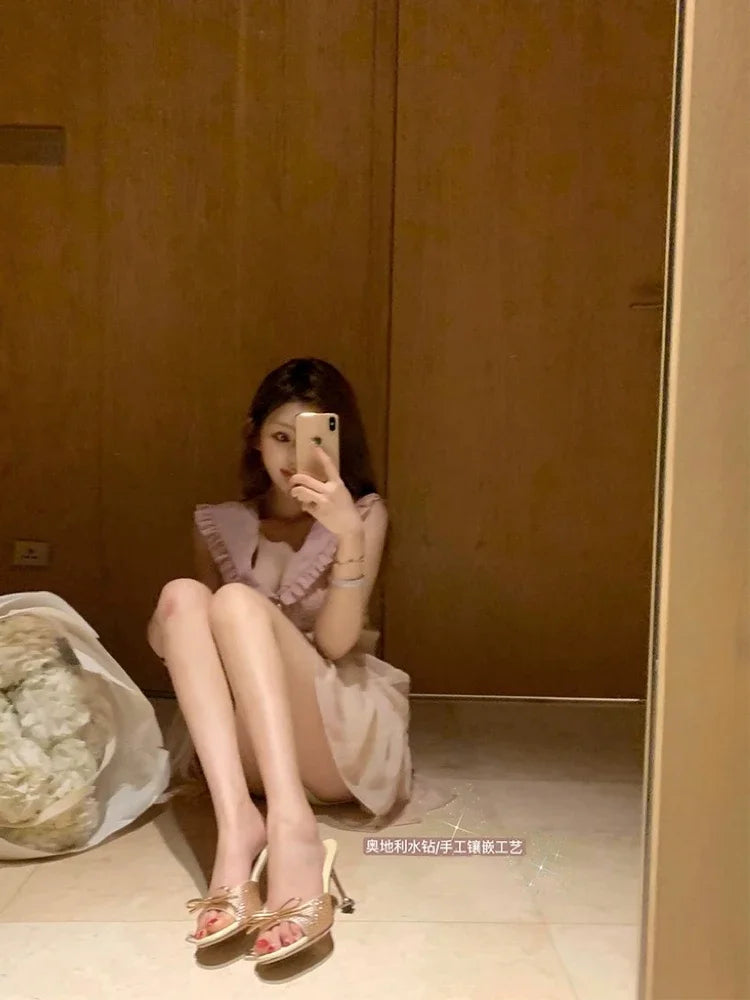 LIZAKOSHT  -  Water Diamond One Line Sandals for Women's Summer New High Heels Slim Heel Round Head Bow Slippers