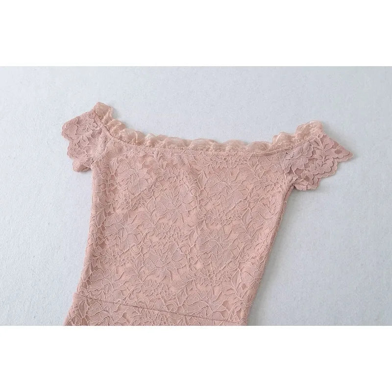 LIZAKOSHT  -  Pure Desire Style Sexy One-word Collar Slim-fit Lace Hollow Waist Hip Skirt Short Sleeve Dress Short Skirt Women's Clothing