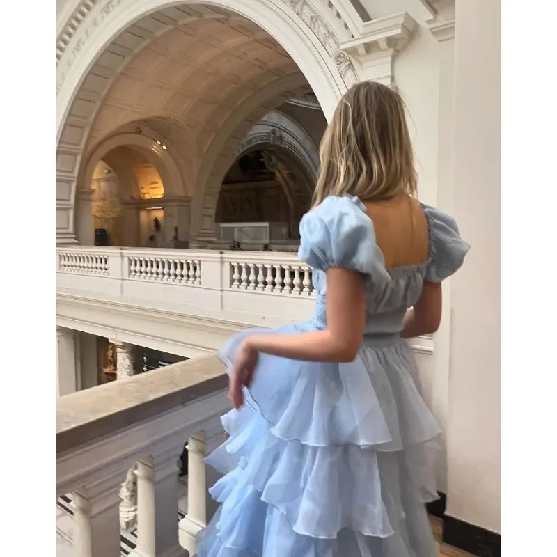 LIZAKOSHT  -  Fashion Lady Sky Blue Tiered Skirt Prom Dress Puff Short Sleeves Lace Up Formal Party Evening Gown Teen Birthday Vestidos