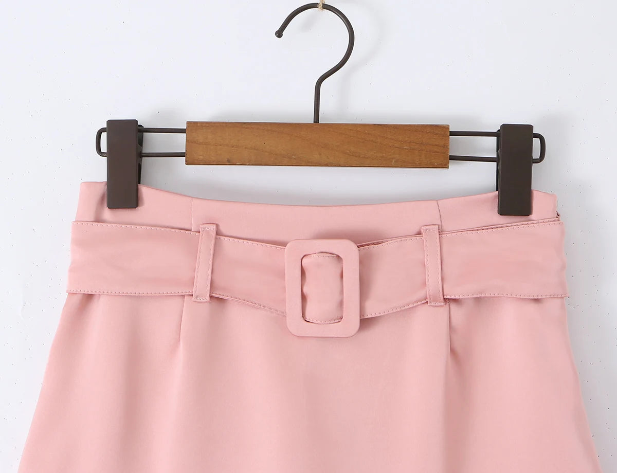 LIZAKOSHT  -  Sexy With Sashes Zipper Waist Satin Skirt With short lining Women Ruffles Hem A-line Package Hips Short Skater Bottom Black Pink