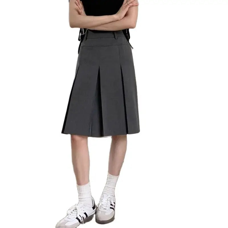 LIZAKOSHT  -  pleated skirt high quality Reversible high waist preppy Fashion Gray plus size Skirt for Women 2024 Summer New suit midi skirt