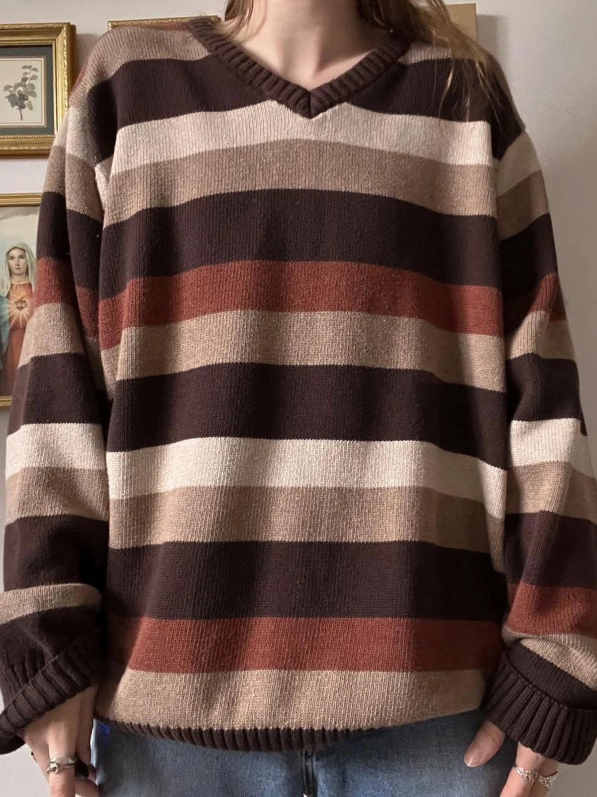 LIZAKOSHT  -  Vintage Striped Knitted Sweaters Casual Loose V-Neck Long Sleeve Pullovers Women Autumn Winter Fashion Streetwear