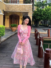 LIZAKOSHT  -  Pink Print Elegant Fairy Dress Women Chiffon Sweet Vintage Beach Midi Dress Female Ruffle Casual Korean Style Strap Dress