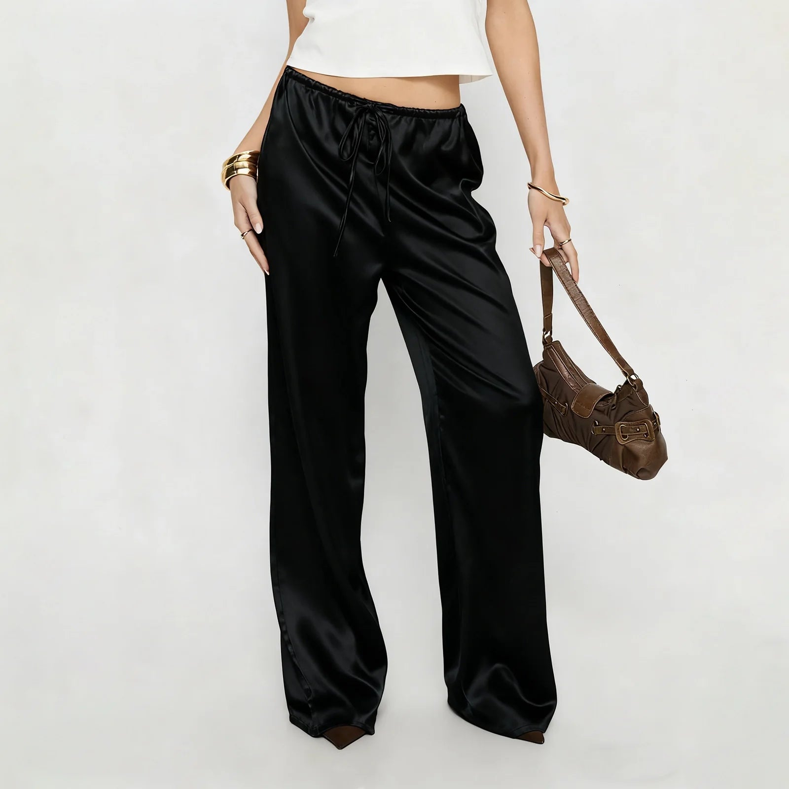 LIZAKOSHT  -  Women Satin Wide Leg Dress Pants Silk Casual Dressy Long Flowy Pants Elastic High Waisted Trousers