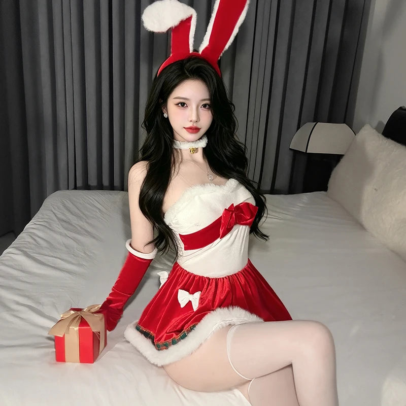  LIZAKOSHT  -  Women Christmas Bunny Costume Off Shoulder Mini Dress Set Cute Rabbit Ear Headband Neck Cuff Long Sleeve Gloves Party Outfit
