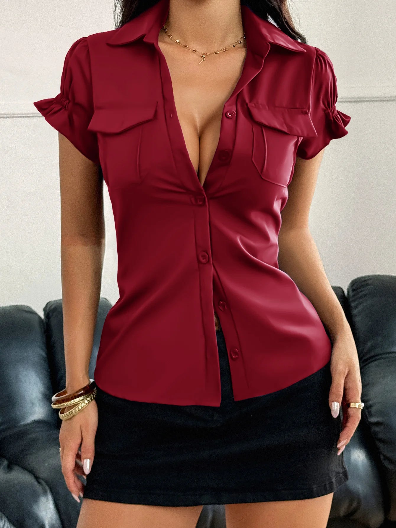 LIZAKOSHT  -  2026 Spring and Summer Y2K Spice Girl Style Solid Color Short-sleeved Women's Button-up Shirt