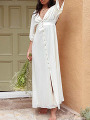 LIZAKOSHT  -  Half Sleeve Elegant Loungewear Party Dress, Women Spring Summer Single-Breasted Maxi Dress, New Deep V-Neck Holiday Ladies Dress