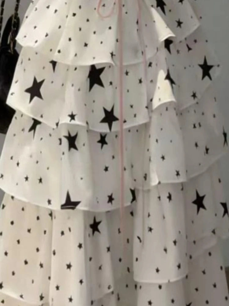 LIZAKOSHT  -  Y2k Long Dresses Spring Summer Print Stars Japanese Style Ruffles Vestidos Mujer Vintage Elegant Bandage Woman Dress