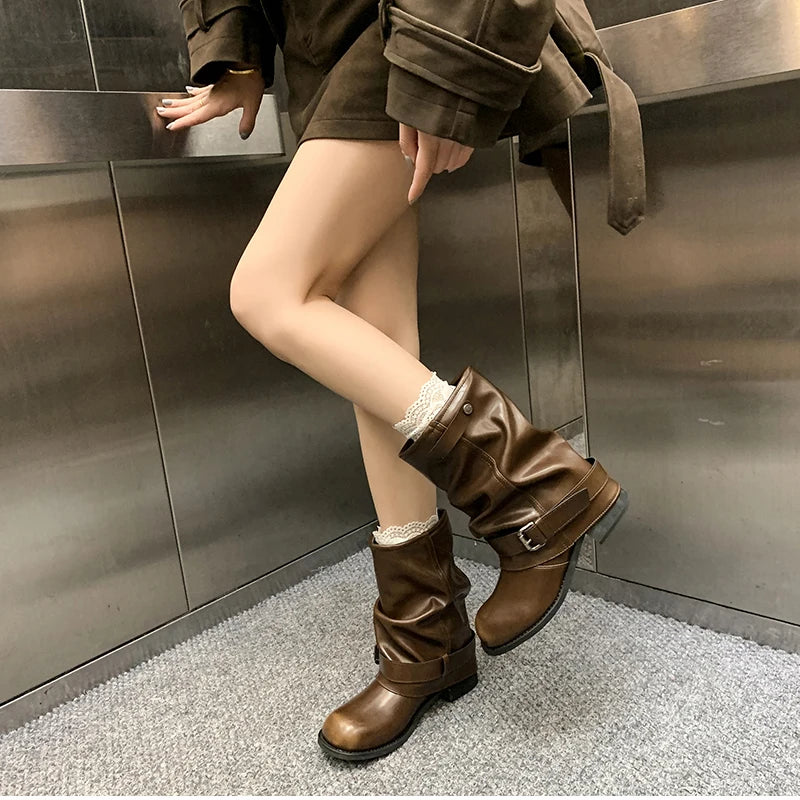LIZAKOSHT  -  Autumn Winter Women Western Ankle Boots Fashion Belt Buckle Thick Heel Shoes Ladies Elegant Party Dress Short Booties