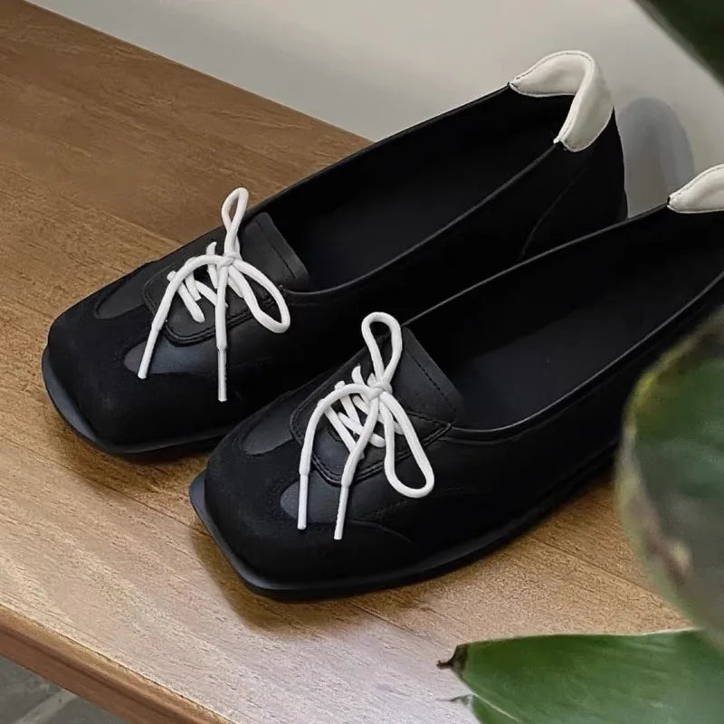 LIZAKOSHT  -  Novelty Lace Up Ballet Sneaker Flats Women Square Toe Splicing Design British Style Mary Jane Shoes Cozy Non-Slip Designer Pumps