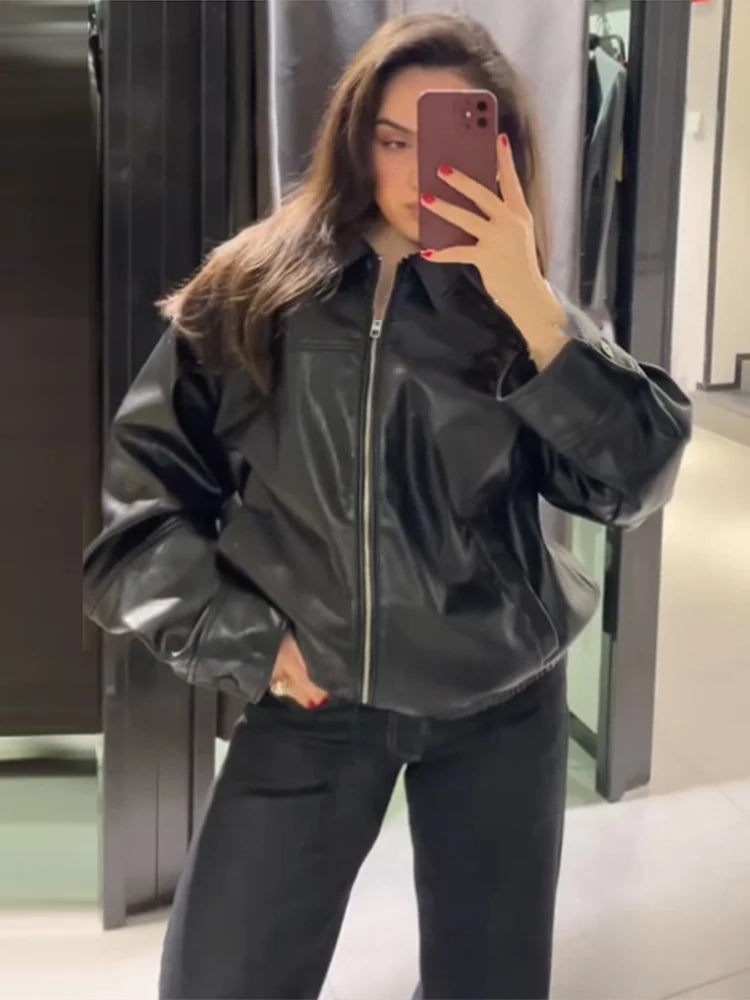 LIZAKOSHT  -  Textured Leather Jacket Coat Vintage Matte Zipper Short Outwear Top Lapel  Cool Fashion Commuter Loose Slimming Biker Jackets