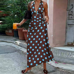LIZAKOSHT  -  Elegant Polka Dot Backless Pleated Dress Temperament High Waist Sleeveless Dress Sexy Hanging Neck Off Shoulder Club Party Dress
