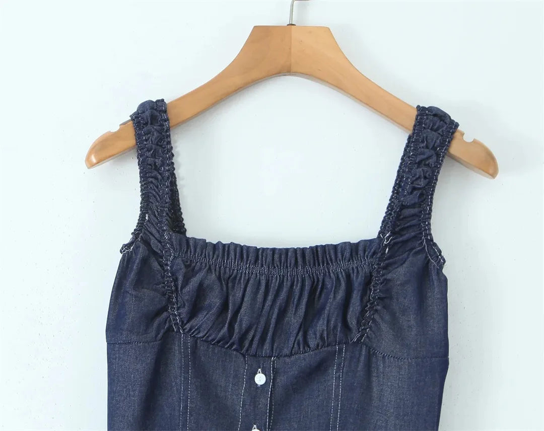 LIZAKOSHT  -  Women Smocked back  Button Christa Denim Mini Dress Blue Denim
