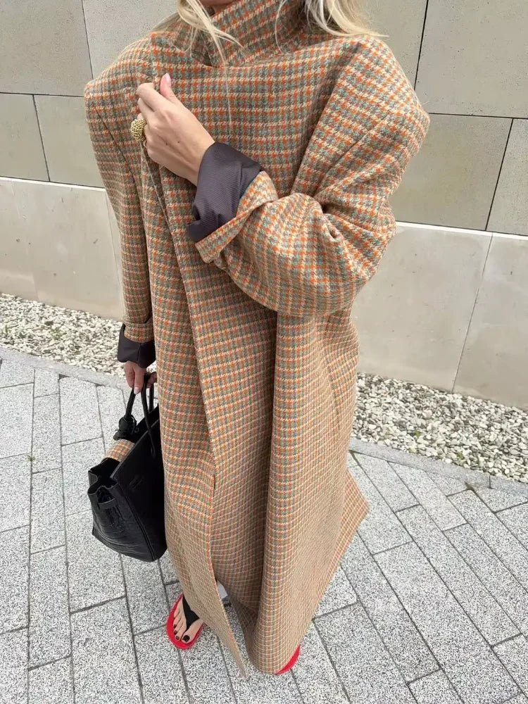 LIZAKOSHT  -  Women Checkered Coat Elegant Stand Collar Belted Long Loose Outerwear New Autumn Fashion Street Office Commute Lady Overcoat