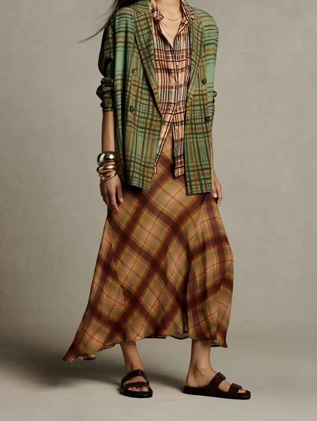 LIZAKOSHT  -  Retro Plaid Pattern Pleated Skirt Women Elegant HighWaist Patchwork Ruffle Slim Midi Skirts Lady Holiday Street Wear New